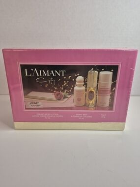 Vintage Coty L'Aimant Fragrance Gift Set Spray Mist Body Lotion and Talc NIB NOS